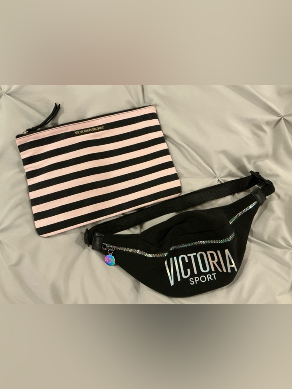 NWOT - Victoria Sport Black Fanny Pack with Pink & Black Stripe Pouch (2 pc set)